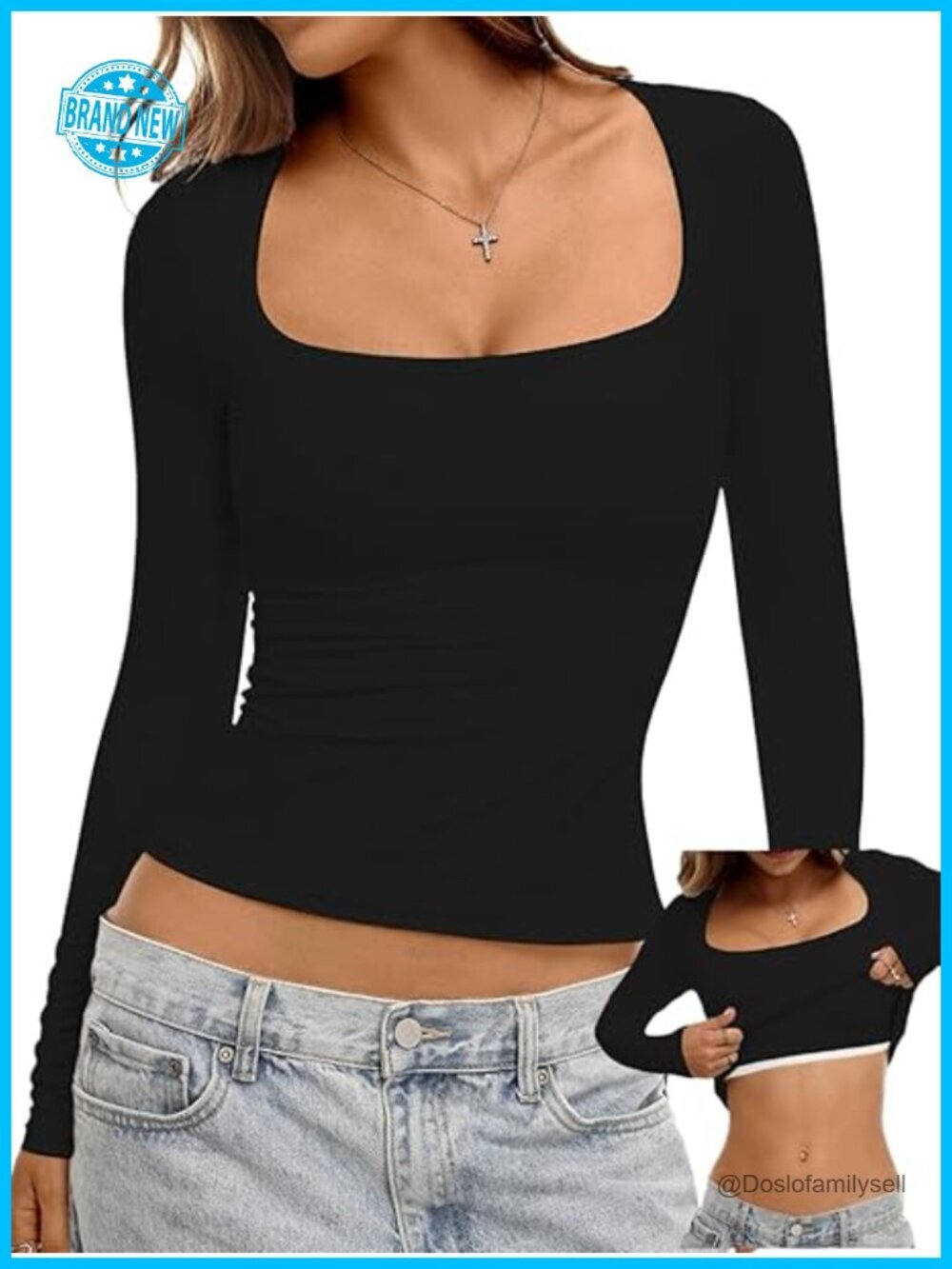 Double Lined Long Sleeve Top with Built in Bra Square Neck Slim Crop Tee